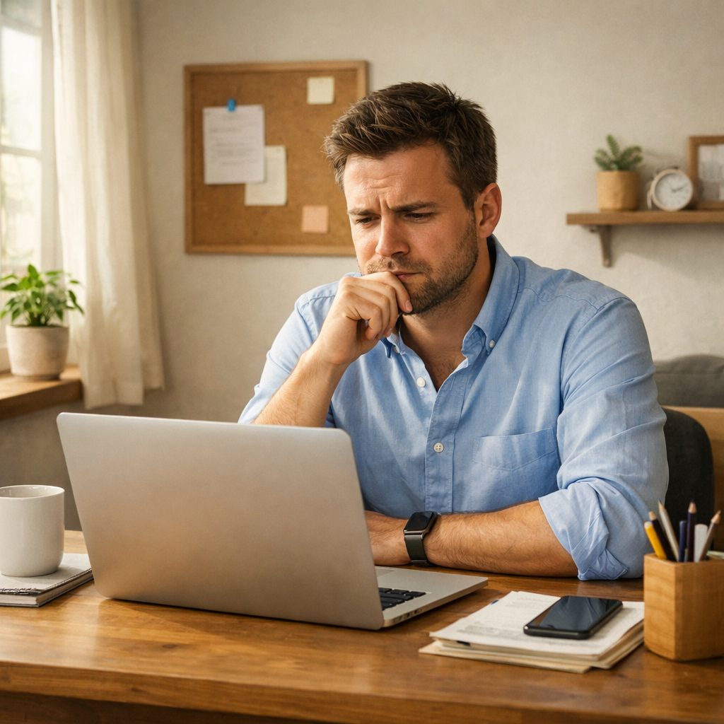 Cozy Office Morning with Thoughtful Business Owner Cozy Office Morning with Thoughtful Business Owner